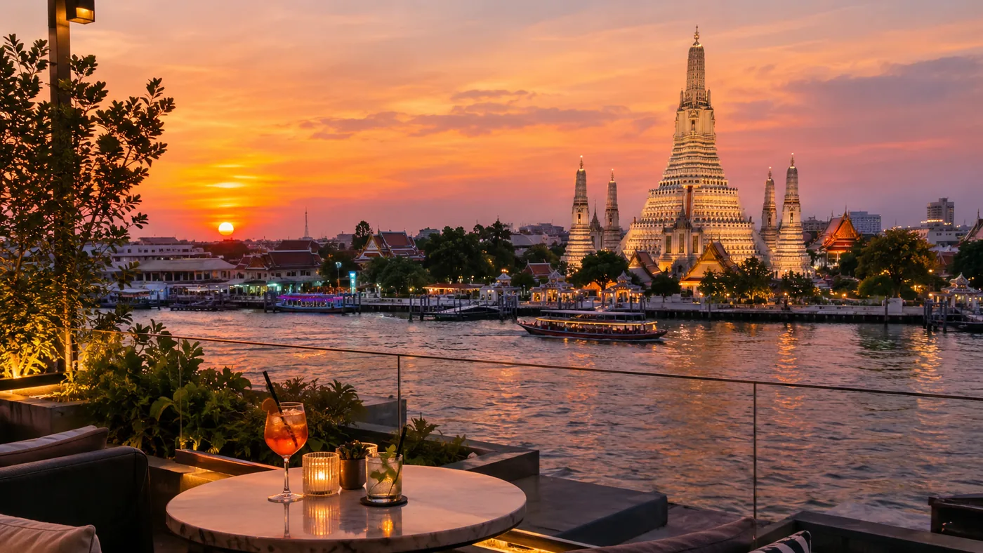 Sonnenuntergang von einer Dachterrasse am Ostufer, auf der anderen Flussseite leuchtet der Prang des Wat Arun